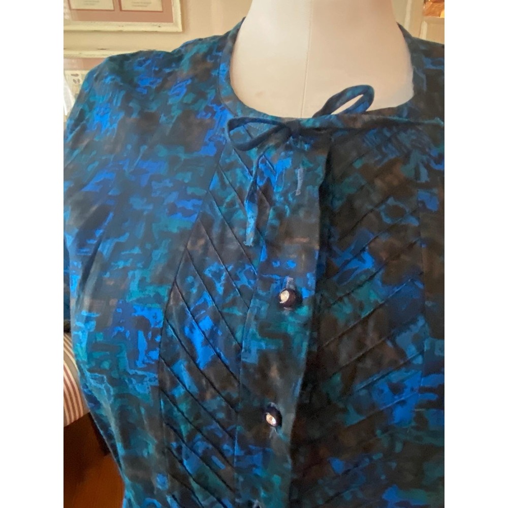 Vtg 50's Blue Abstract Watercolor Pintuck Pleated Midi Dress rockabilly XL - Picture 8 of 8